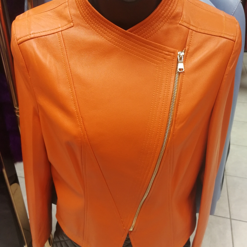 Vogue ，sheep skin， leather Jacket，orange，size S
